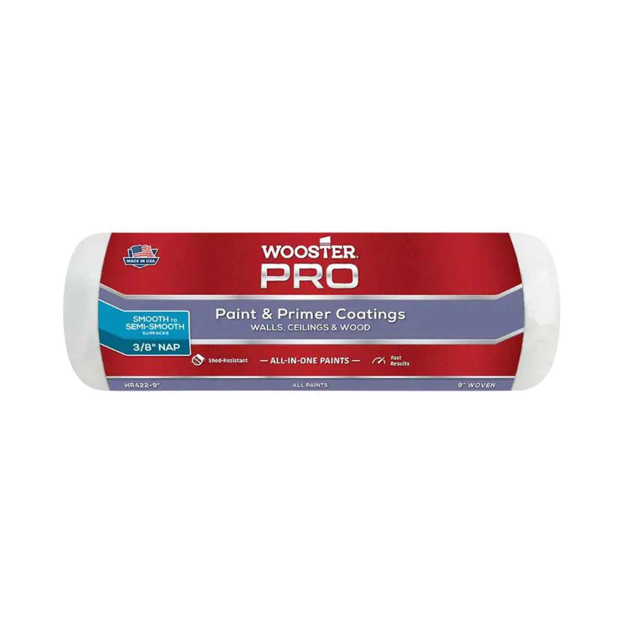 The Go Build 9 in. x 3/8 in. Pro High-Density Prime and Paint Roller Cover, featuring a red and white design, is shed-resistant and perfect for walls, ceilings, or wood. Its ideal for smooth to semi-smooth surfaces and compatible with all-in-one paints.