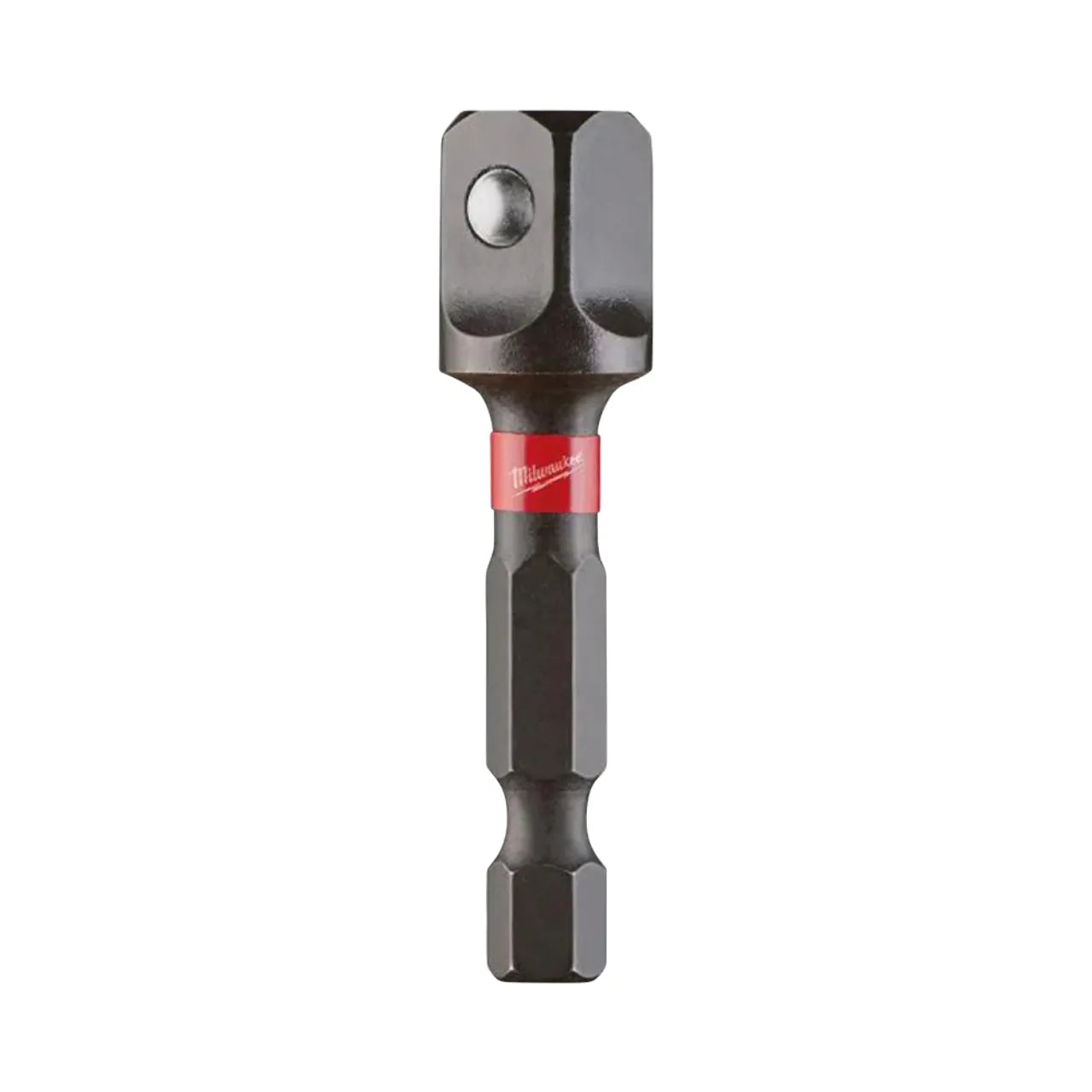 The Go Build 1/4 in. x 3/8 in. SHOCKWAVE Impact Duty Alloy Steel Square Socket Adapter connects sockets to power drills, featuring a durable design with square and hex ends. Ideal for quick conversions.