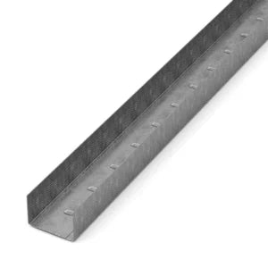 The Go Build 3-5/8 in. x 10 ft. Track with a 1-1/4 in. leg, made from durable 14 gauge metal, features an L-shape with evenly spaced holes for easy mounting—ideal for construction projects.