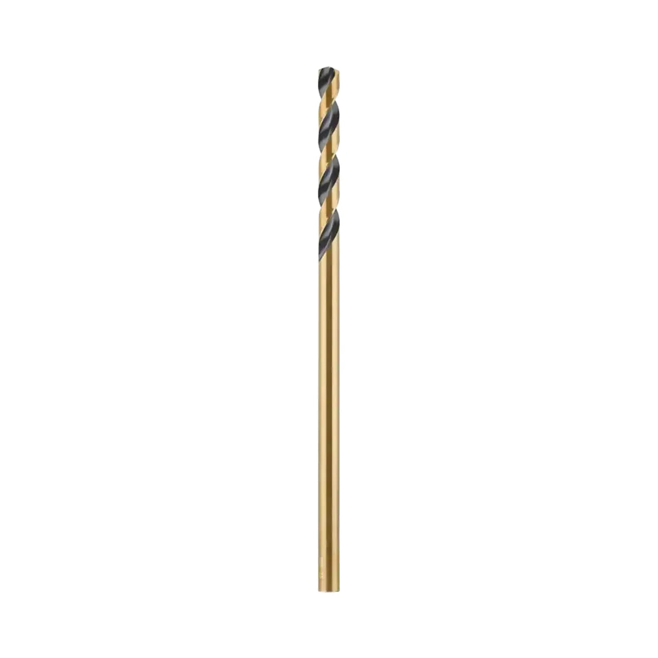A single Go Build 3/8 in. x 12 in. Black and Gold Drill Bit is shown vertically on a white background, featuring a tapered web design and black tip from The Fastest Way To Build brand.
