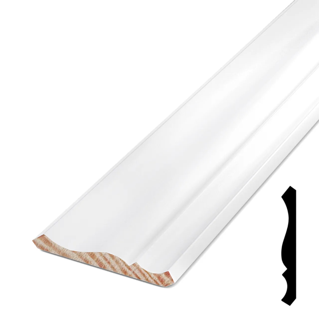 Go Build 9/16 in. x 4-5/8 in. x 16 ft. Primed Pine Finger-Jointed Crown Moulding, featuring a smooth white finish and displayed at an angle with its black profile silhouette shown on the right.