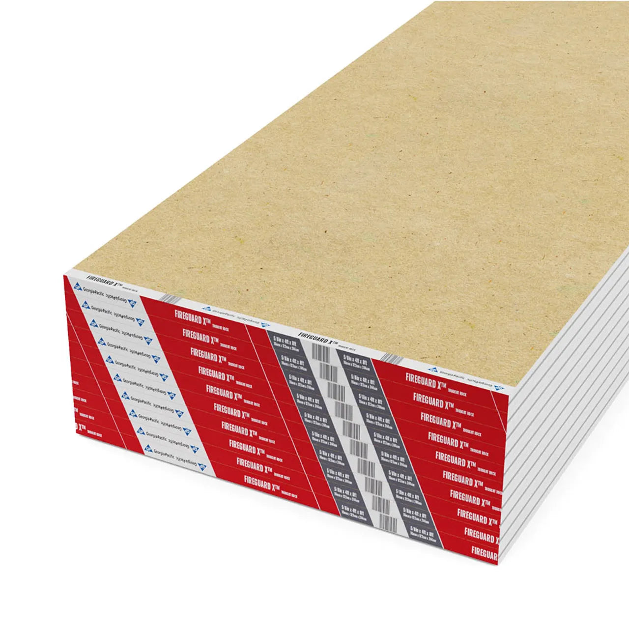 A stack of Go Build 5/8 in. x 4 ft. x 10 ft. Firecode X Drywall panels features beige surfaces and colorful edges, offering fire resistance with branding and specs on the sides, neatly revealing their thickness.