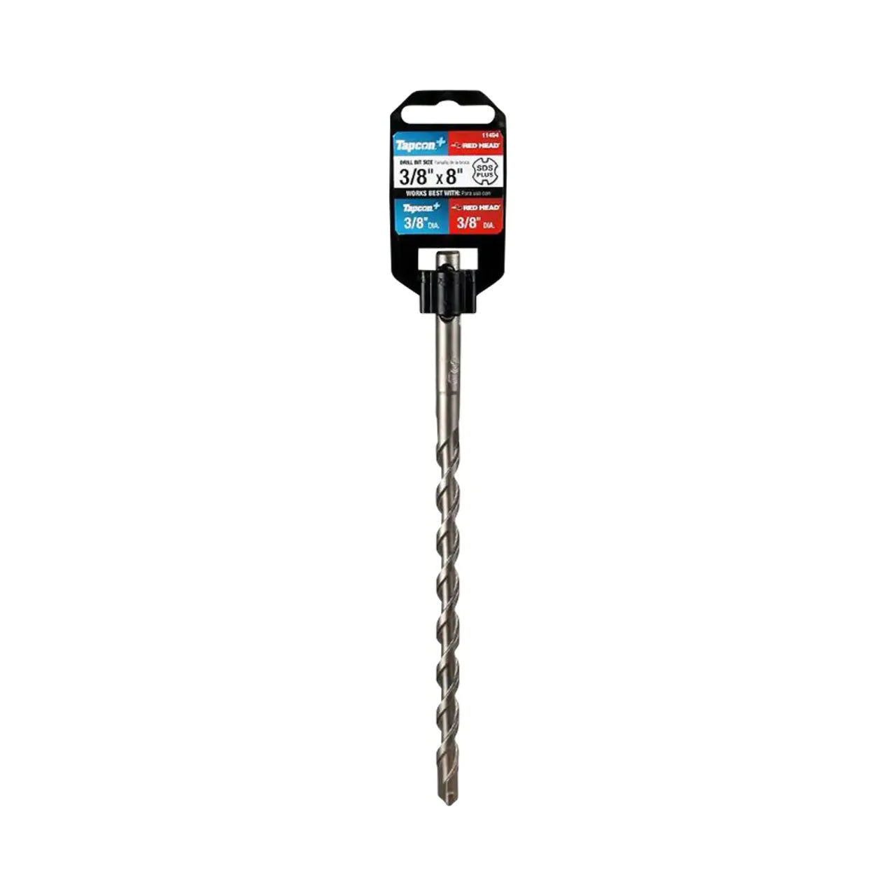 A Go Build 3/8 in. x 8 in. SDS Plus Drill Bit, carbide-tipped for masonry, features a spiral flute and comes in black packaging with blue and red labeling, from The Fastest Way To Build brand, shown on a white background.