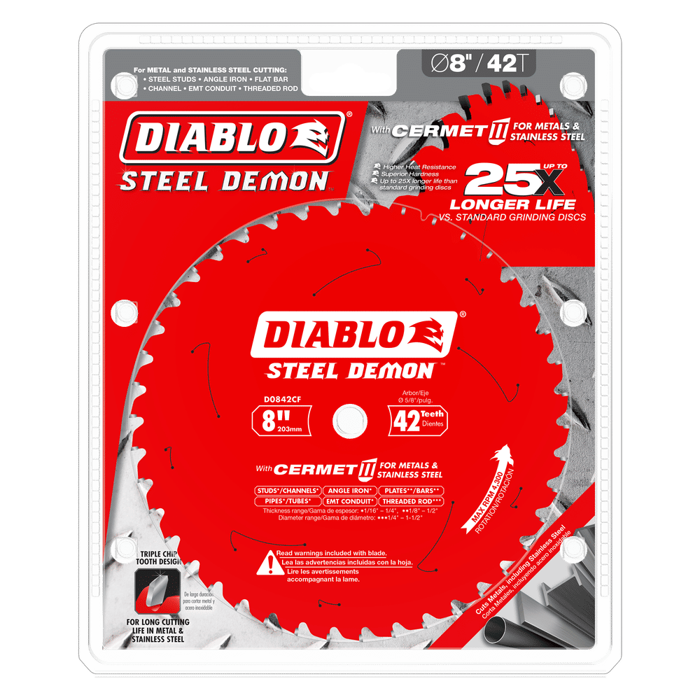 Image of a DIABLO D0842CF Steel Demon saw blade in packaging. This red 8 Cermet II blade, with 42 teeth, excels at cutting thick metals like stainless steel and boasts a 25% longer life due to advanced technology.