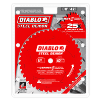 Image of a DIABLO D0842CF Steel Demon saw blade in packaging. This red 8 Cermet II blade, with 42 teeth, excels at cutting thick metals like stainless steel and boasts a 25% longer life due to advanced technology.