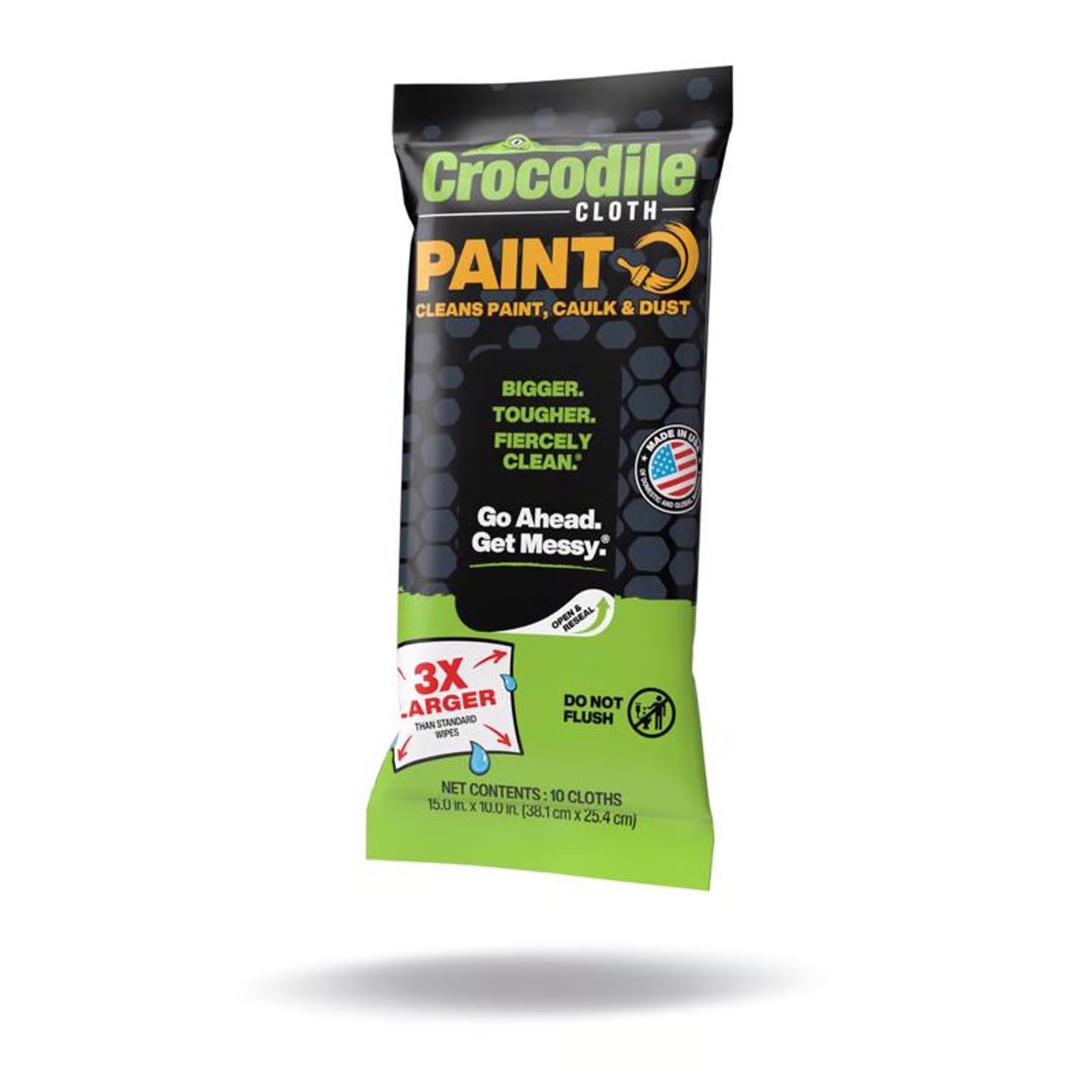 PACOA Crocodile Cloth Paint Cleaning Cloth 10-Pack (15" x 10")—heavy duty wipes that clean paint, caulk, and dust. Features a green, black, and yellow package with claims: 3X Larger, Bigger. Tougher. Fiercely Clean.