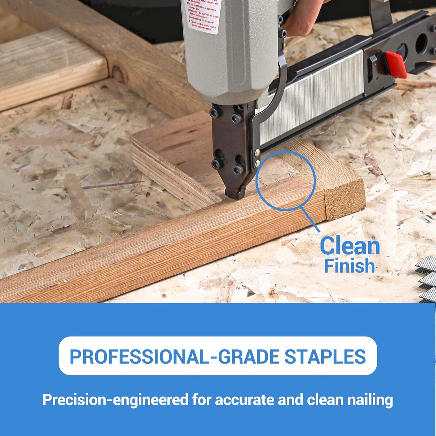 Close-up of a Meite nail gun using MEITE 18 Gauge 1/4 in. x 3/4 in. Narrow Crown Staples to secure wooden planks on a textured surface. Text reads: Clean Finish with heavy-duty galvanized staples for durability, highlighting precision engineering for accurate and clean results.