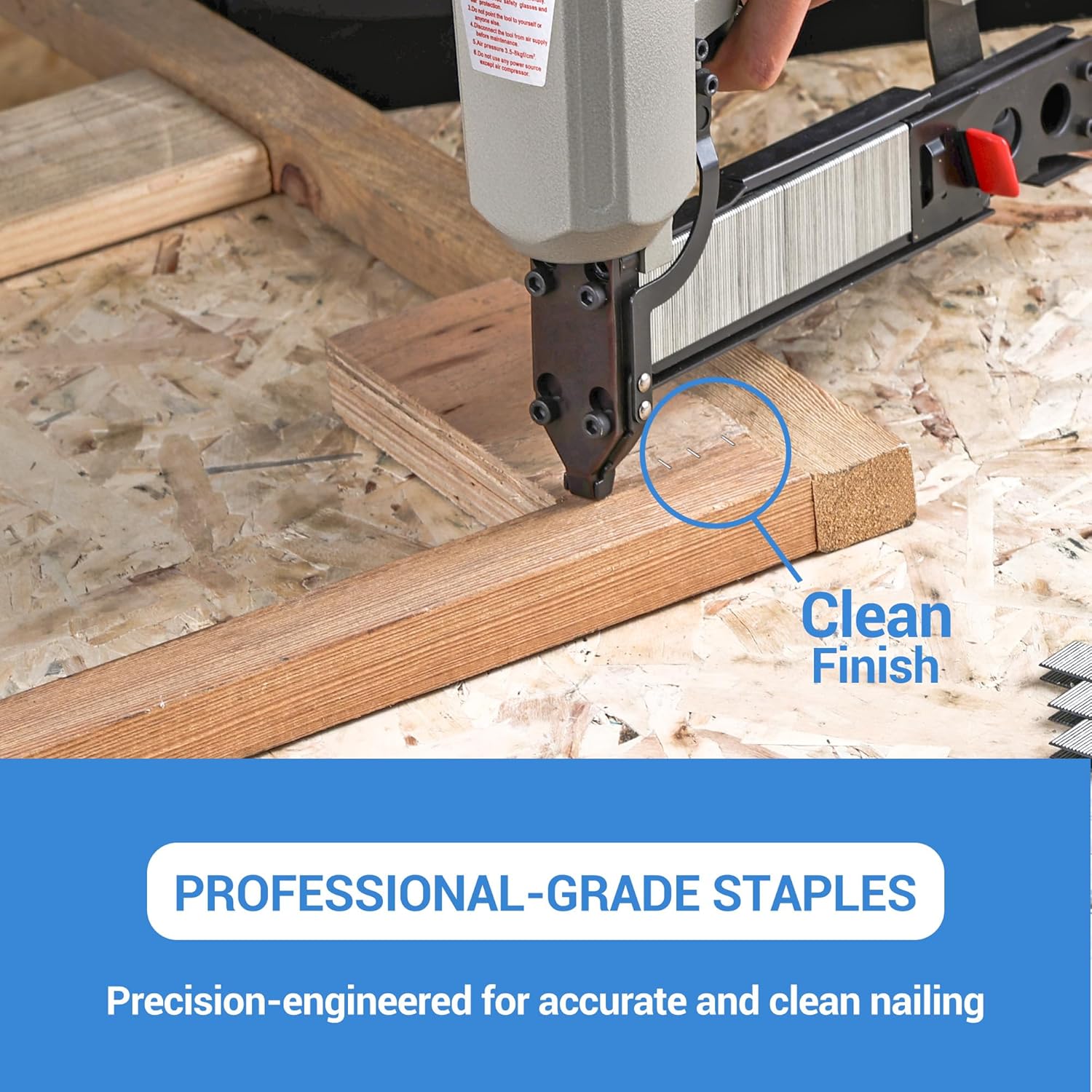 Close-up of a Meite nail gun using MEITE 18 Gauge 1/4 in. x 3/4 in. Narrow Crown Staples to secure wooden planks on a textured surface. Text reads: Clean Finish with heavy-duty galvanized staples for durability, highlighting precision engineering for accurate and clean results.