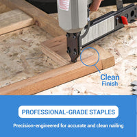 Close-up of a Meite nail gun using MEITE 18 Gauge 1/4 in. x 3/4 in. Narrow Crown Staples to secure wooden planks on a textured surface. Text reads: Clean Finish with heavy-duty galvanized staples for durability, highlighting precision engineering for accurate and clean results.