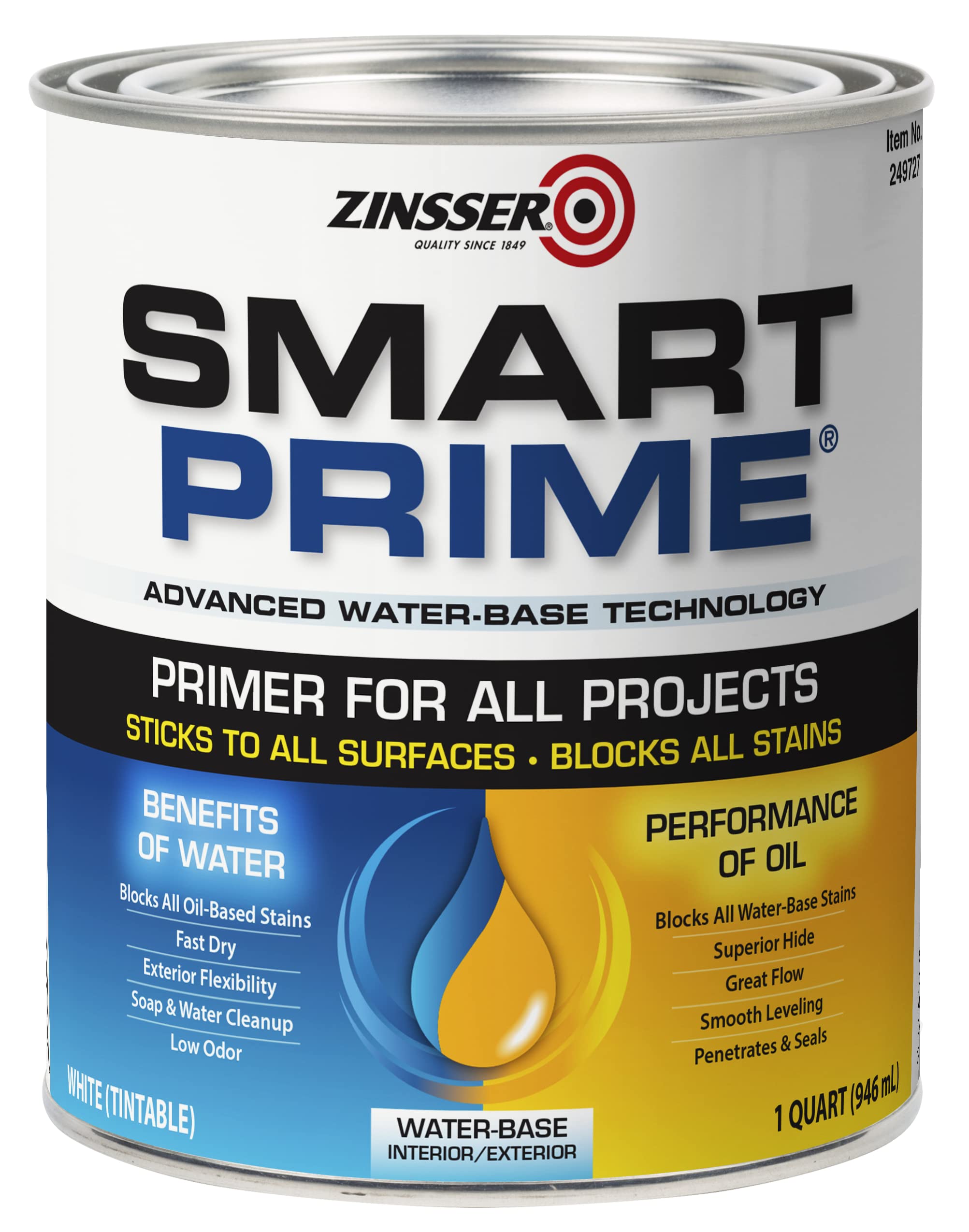 A 1 qt can of Zinsser Smart Primer White, suitable for interior/exterior use. The label highlights “Primer for All Projects,” zero VOC benefits, and oil performance with bold, colorful graphics.