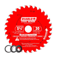The Diablo D053830FMX Steel Demon™ 5-3/8 in. x 30-teeth carbide saw blade ensures burr-free cuts in metal and includes three black washers, offering precision and durability.