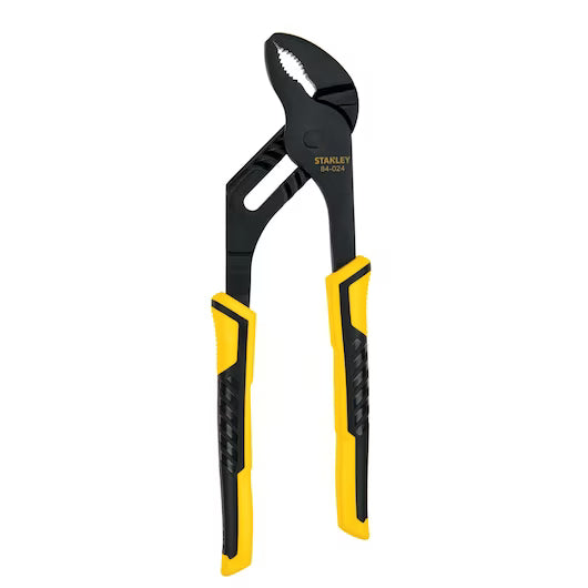 The STANLEY 10 IN GROOVE JOINT PLIERS feature black and yellow textured handles and an adjustable design, making them ideal for plumbing tasks. Shown upright against a white background.