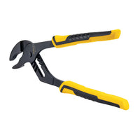 The STANLEY 10 IN GROOVE JOINT PLIERS feature black metal jaws and yellow and black rubberized handles, ideal for plumbing tool collections. Shown isolated on a white background.