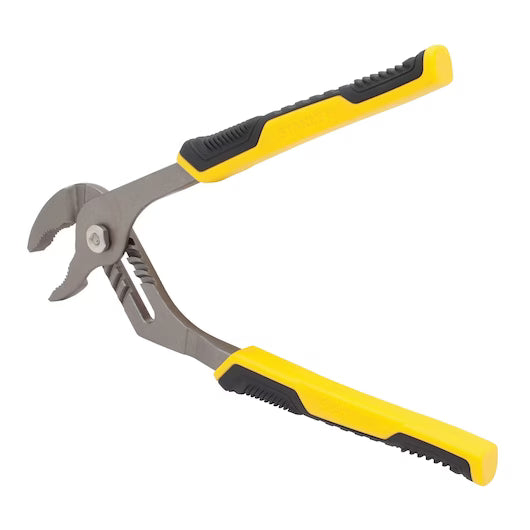 The STANLEY 10 IN GROOVE JOINT PLIERS feature durable metal construction, grooved jaws, and yellow and black rubber-coated handles—ideal for plumbing tasks and a must-have for any toolkit.