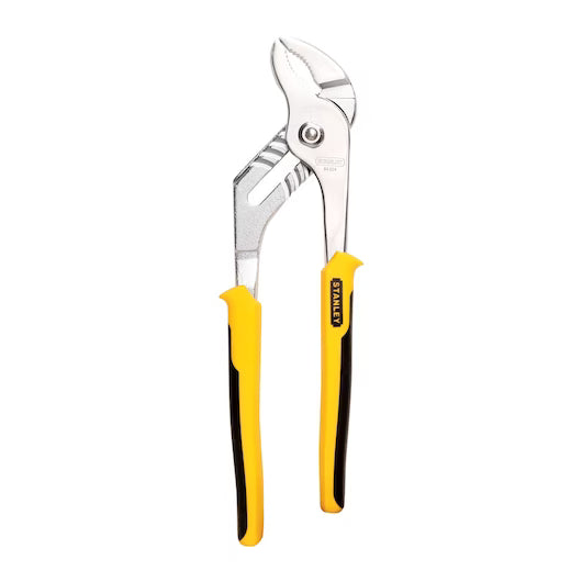 The STANLEY 10 IN GROOVE JOINT PLIERS feature silver jaws and yellow and black rubber handles, shown on a white background—an essential tool for any plumbing kit.