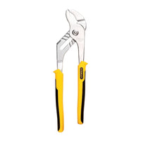 The STANLEY 10 IN GROOVE JOINT PLIERS feature silver jaws and yellow and black rubber handles, shown on a white background—an essential tool for any plumbing kit.
