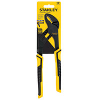 A pair of STANLEY 10 IN GROOVE JOINT PLIERS in black and yellow, shown in original packaging with brand and details visible—perfect for plumbing or as dependable groove joint pliers.