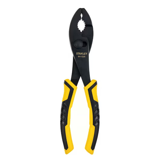An 8 IN NIPPING PLIER by STANLEY with black jaws and yellow-and-black ergonomic handles stands upright against a white background.