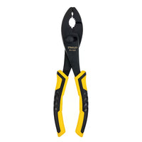 An 8 IN NIPPING PLIER by STANLEY with black jaws and yellow-and-black ergonomic handles stands upright against a white background.