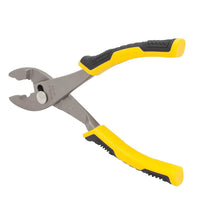 The STANLEY 8 IN NIPPING PLIER, featuring black and yellow rubber-coated ergonomic handles, is displayed against a white background with open jaws showing textured gripping surfaces for better control.
