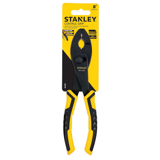 STANLEY 8 IN NIPPING PLIER comes in black and yellow packaging with ergonomic handles for comfort and precise control. The STANLEY logo is displayed on both the plier and the packaging.