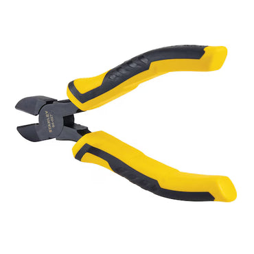 A pair of STANLEY 6 IN DIAGONAL PLIERS with yellow and black handles and hardened steel cutting edges is shown against a white background.