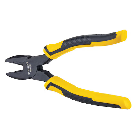The 8 IN BI-MAT LINESMAN PLIER by STANLEY features yellow and black ergonomic handles and is shown against a white background.