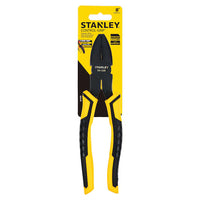 STANLEY 8 IN BI-MAT LINESMAN PLIER with ergonomic, textured handles and wire cutter shown upright in yellow and black packaging against a white background.