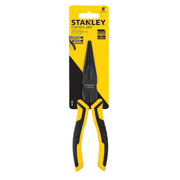 A pair of STANLEY 8 IN LONG NOSE PLIERS with ergonomic black and yellow handles, packaged on a branded yellow and black “Stanley Control-Grip” card.