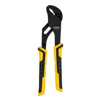 The STANLEY 8 IN GROOVE JOINT PLIERS, featuring black and yellow textured handles for grip and adjustable jaws for versatility, are displayed against a white background.