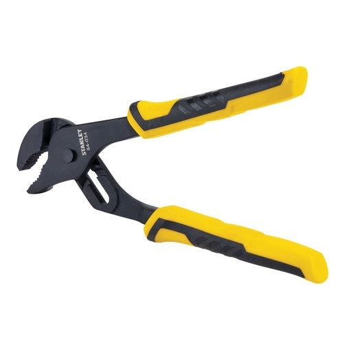 The STANLEY 8 IN GROOVE JOINT PLIERS feature black metal jaws and yellow-black rubber-coated handles, ideal for gripping and turning objects.