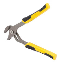 The STANLEY 8 IN GROOVE JOINT PLIERS, featuring yellow and black rubber handles, are shown open against a white background and provide versatile grip for various tasks.