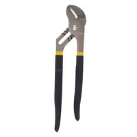 The STANLEY 12 IN GROOVE JOINT PLIERS feature adjustable jaws, black padded handles with a yellow band, and a silver finish—ideal for tough jobs and easy adjustments.