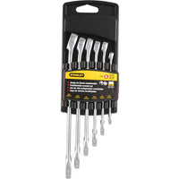 The STANLEY COMBINATION WRENCH SET SAE (6 PC) features six durable wrenches in a black plastic holder, arranged by size, with the Stanley logo and product details visible on the yellow label.