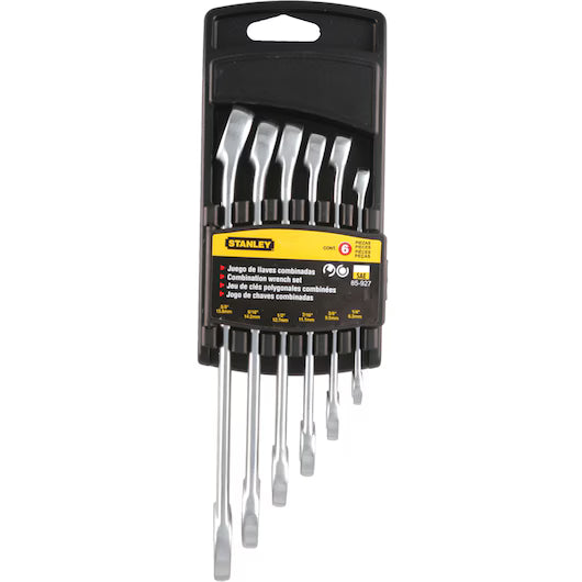 The STANLEY COMBINATION WRENCH SET SAE (6 PC) features six durable wrenches in a black plastic holder, arranged by size, with the Stanley logo and product details visible on the yellow label.