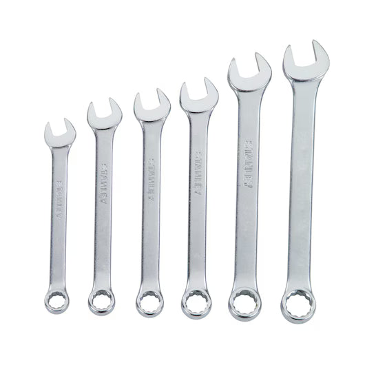 The STANLEY COMBINATION WRENCH SET SAE (6 PC) includes six durable Chrome Vanadium Steel wrenches, each with open and ring ends, arranged from smallest to largest for versatile use.
