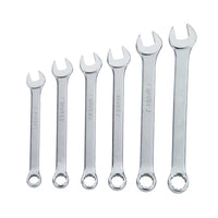 The STANLEY COMBINATION WRENCH SET SAE (6 PC) includes six durable Chrome Vanadium Steel wrenches, each with open and ring ends, arranged from smallest to largest for versatile use.