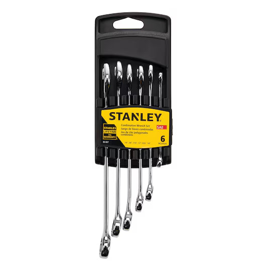 The STANLEY COMBINATION WRENCH SET SAE (6 PC) includes six chrome vanadium steel wrenches in a black plastic holder with a yellow label showing the brand and product details.