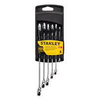 The STANLEY COMBINATION WRENCH SET SAE (6 PC) includes six chrome vanadium steel wrenches in a black plastic holder with a yellow label showing the brand and product details.