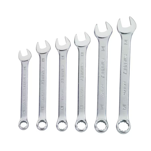 The STANLEY® Combination Wrench Set Metric, 6 Pc. includes six chrome vanadium steel wrenches with open and closed ends, arranged by size. Each durable wrench is designed for precise performance by STANLEY.