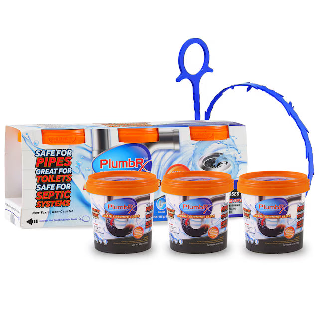 Three tubs of PlumbRx Drain Cleaner Crystals, plus a blue snake tool and packaging with pipes and water—perfect for unclogging drains. Safe for pipes, toilets, septic systems; includes handy opening cups. Brand: PlumbRx.