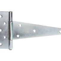 Depicted against a white background, the TUFF STUFF 86288 zinc-plated extra heavy-duty T-hinge (1 pair) showcases multiple screw holes, a sturdy rectangular plate, and a triangular arm for durable pivoting.