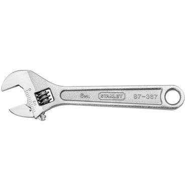 The STANLEY WRENCH ADJUSTABLE 6 is a silver hand tool made from alloy steel with a metal handle and a hanging hole at the end. Model: 87-367.