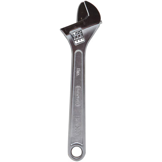 The STANLEY WRENCH ADJUSTABLE 8 is a silver alloy steel tool with a measurement scale on the head and a hole at the handles end, pictured against a white background.