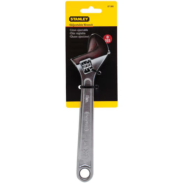 The STANLEY WRENCH ADJUSTABLE 8 is made from durable alloy steel and comes in yellow and black packaging featuring product details and branding.
