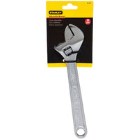 The STANLEY 87-471 Adjustable Wrench, 10-inch (254 mm), features durable alloy steel, an angled head, and clear size markings. It comes in original packaging with a black and yellow label.