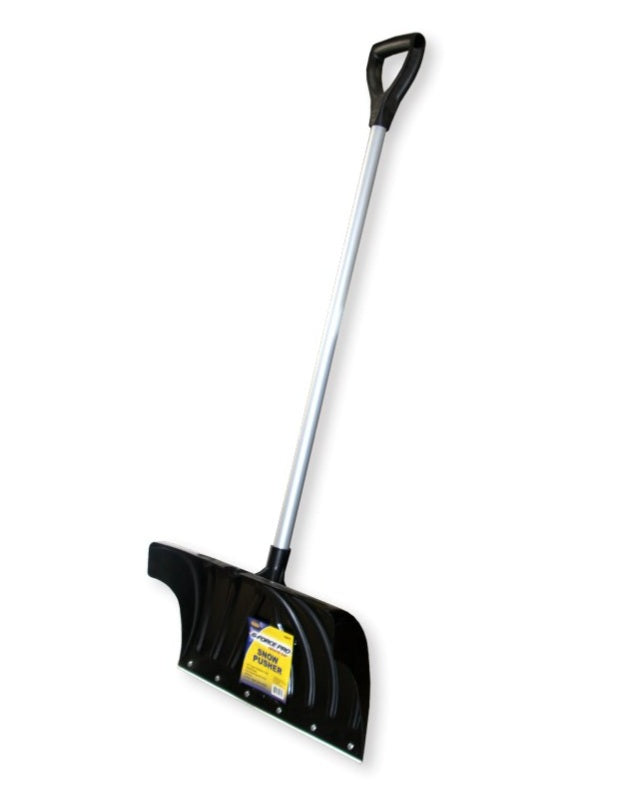 The G FORCE 18" Poly Snow Shovel "Pro Grade" has a black plastic scoop, metal edge, silver steel handle, black D-grip, and a yellow & blue label on the blade.