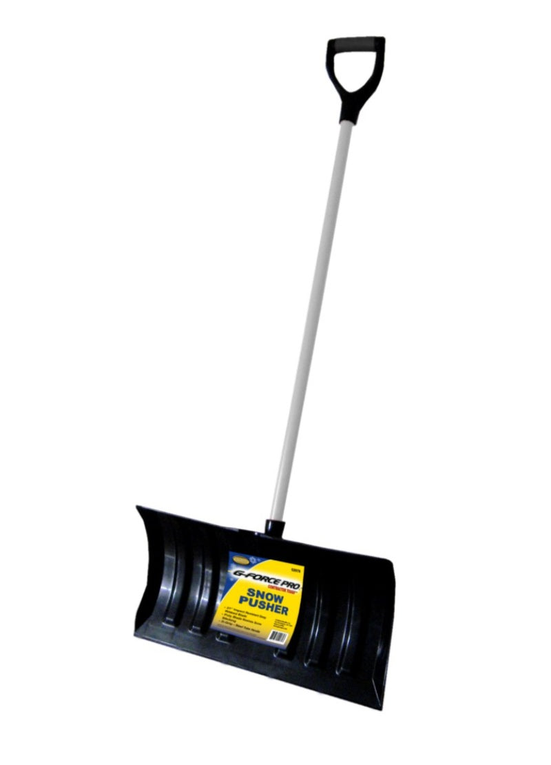 The G FORCE G-FORCE 21" POLY SNOW PUSHER features a wide black plastic blade, long white steel tube handle, D-shaped black grip, and a yellow label with product info on the blade.