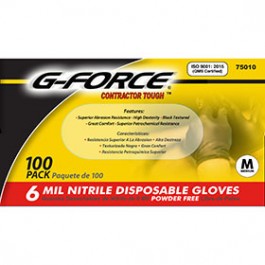 G FORCE 75010 6mil black nitrile gloves, medium, 100-pack. Powder-free, industrial-grade protection. Box in yellow, red, and black highlights features and certifications.