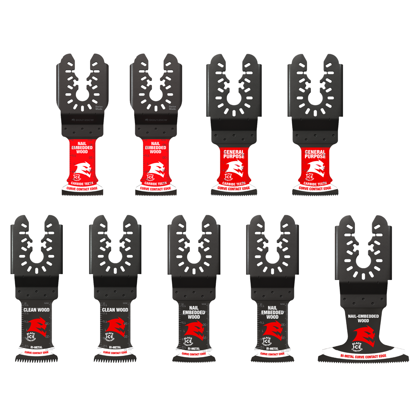 Ten DIABLO DOU9S blades from Diablos branded 9-piece Universal Fit set are showcased on a white background in two rows. The red and black oscillating tools include carbide and bi-metal blades with labels like clean wood and general purpose.